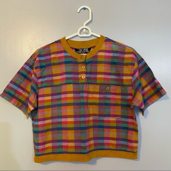 Vintage Tops - Vintage Retro Tartan Plaid Multicolored Crop Top Size Small